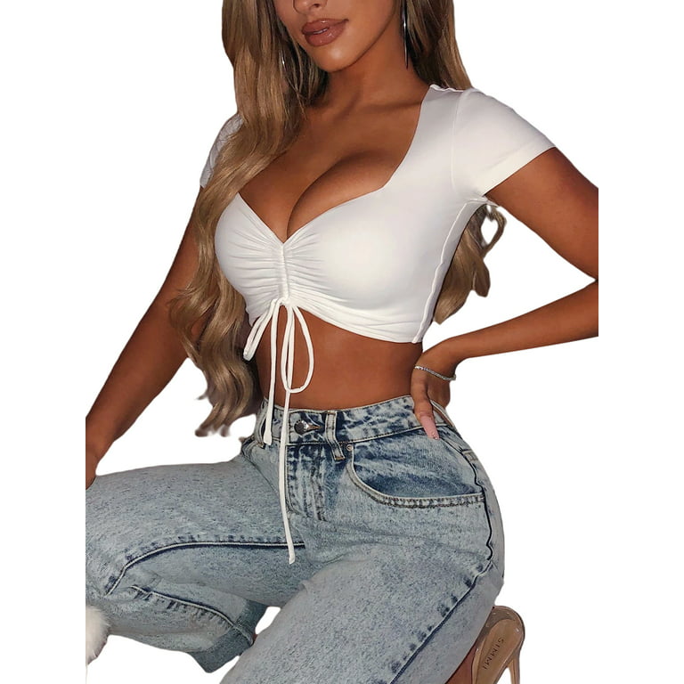 Women Sexy Slim Fit Ruched Solid Color Short Sleeve V-neck Drawstring Crop  Top 