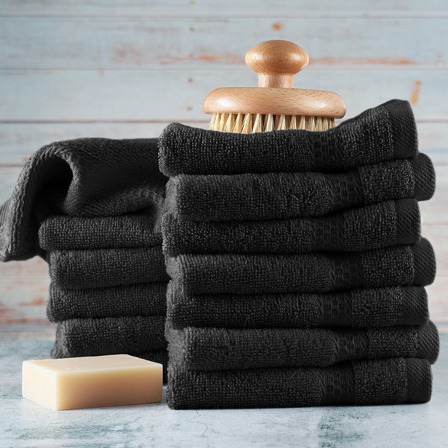 Clara Clark Bath Towels Set, 100% Cotton Luxury Soft Set of 12 Multipurpose Wash Cloths, Black