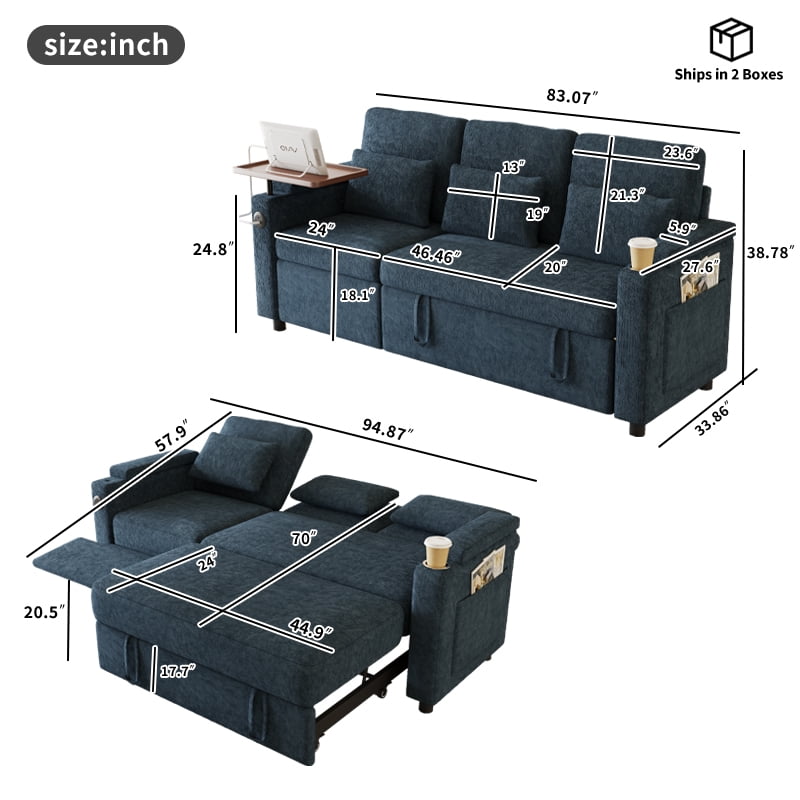 Aukfa 83" Convertible Sofa Bed, Chenille 3-Seater Pull-Out Sleeper Couch with Recliner, USB Port, Swivel Table & Storage Armrests,Blue