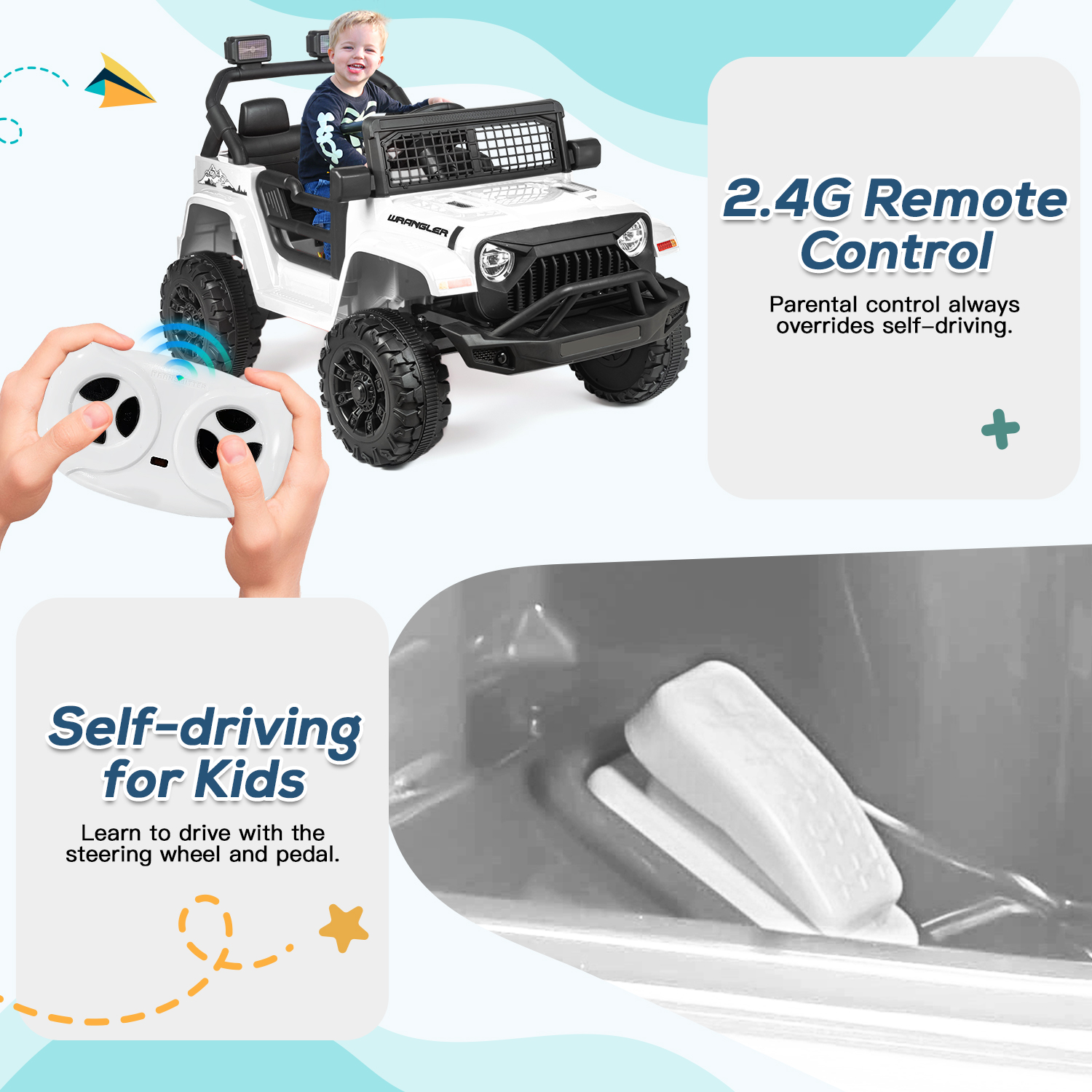 Erinnyees Ride on Jeep Car 12V Kids Electric Vehicles with Parent Remote Control, Safety Belt,Forward and Reverse Functions,Battery Powered,Spring Suspension,Music and Lights-White
