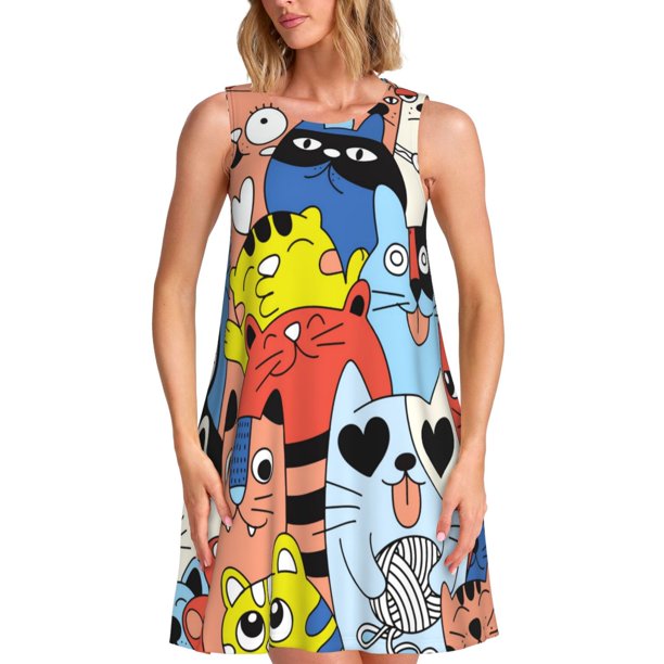 Balery Funny Cats Vestidos de verano para mujer con estampado: vestido holgado sin mangas, vestido playero informal y cómodo para días calurosos.