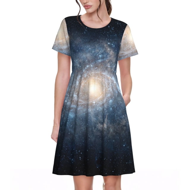 Bixox Robe d'Été à Manches Courtes pour Femmes Robe Ample Longueur Genou avec Poches-The Galaxy