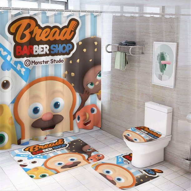 Panadería Barbería-theme 4-Piece Shower Curtain Set with Rugs, Waterproof Bathroom Decor Set Includes Bath Mat, U-Shaped Rug, Toilet Lid Cover and Curtain with Hooks