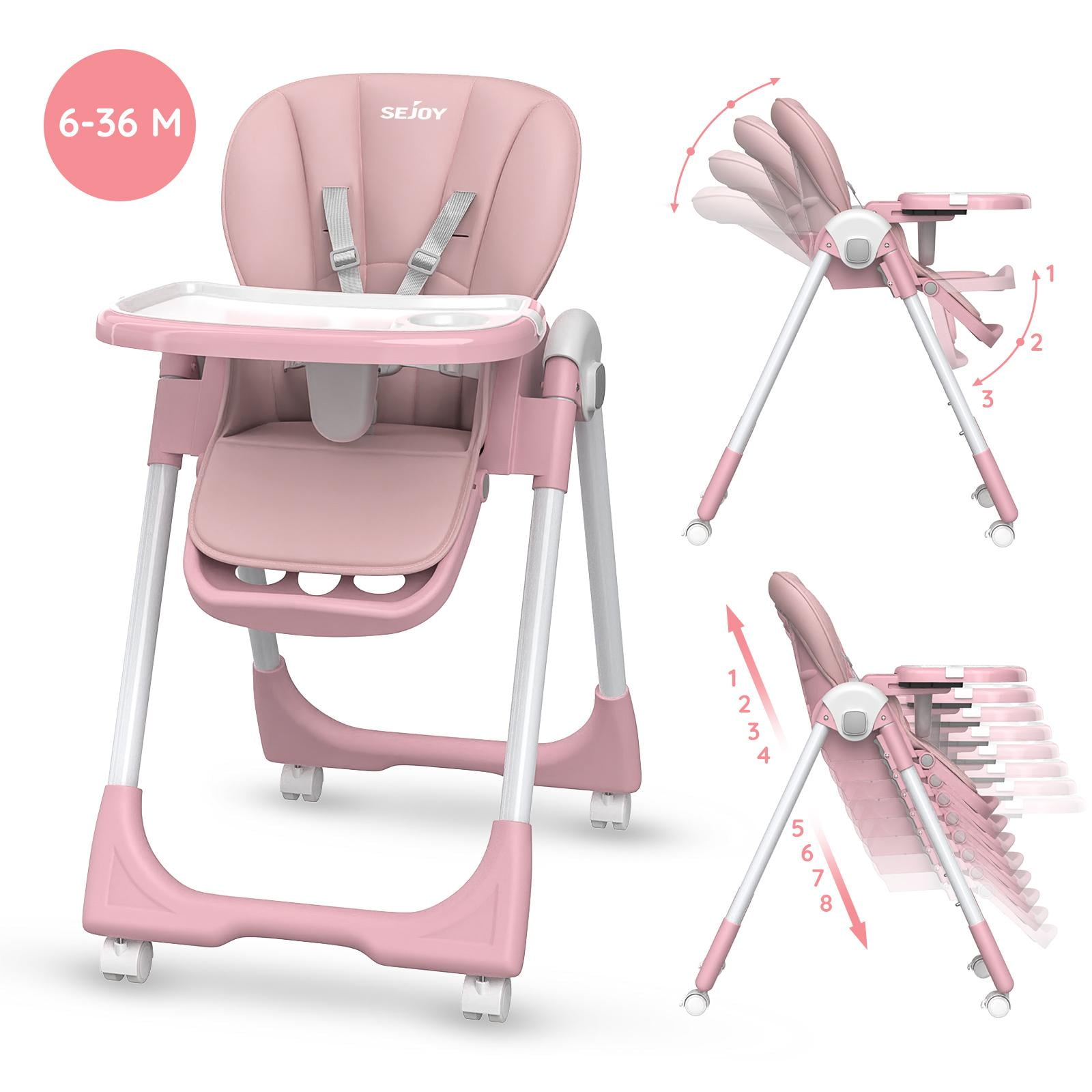 Sejoy 4 Wheels Baby High Chair for Toddlers, Foldable High Chair with Adjustable Seat Heigh, Pink