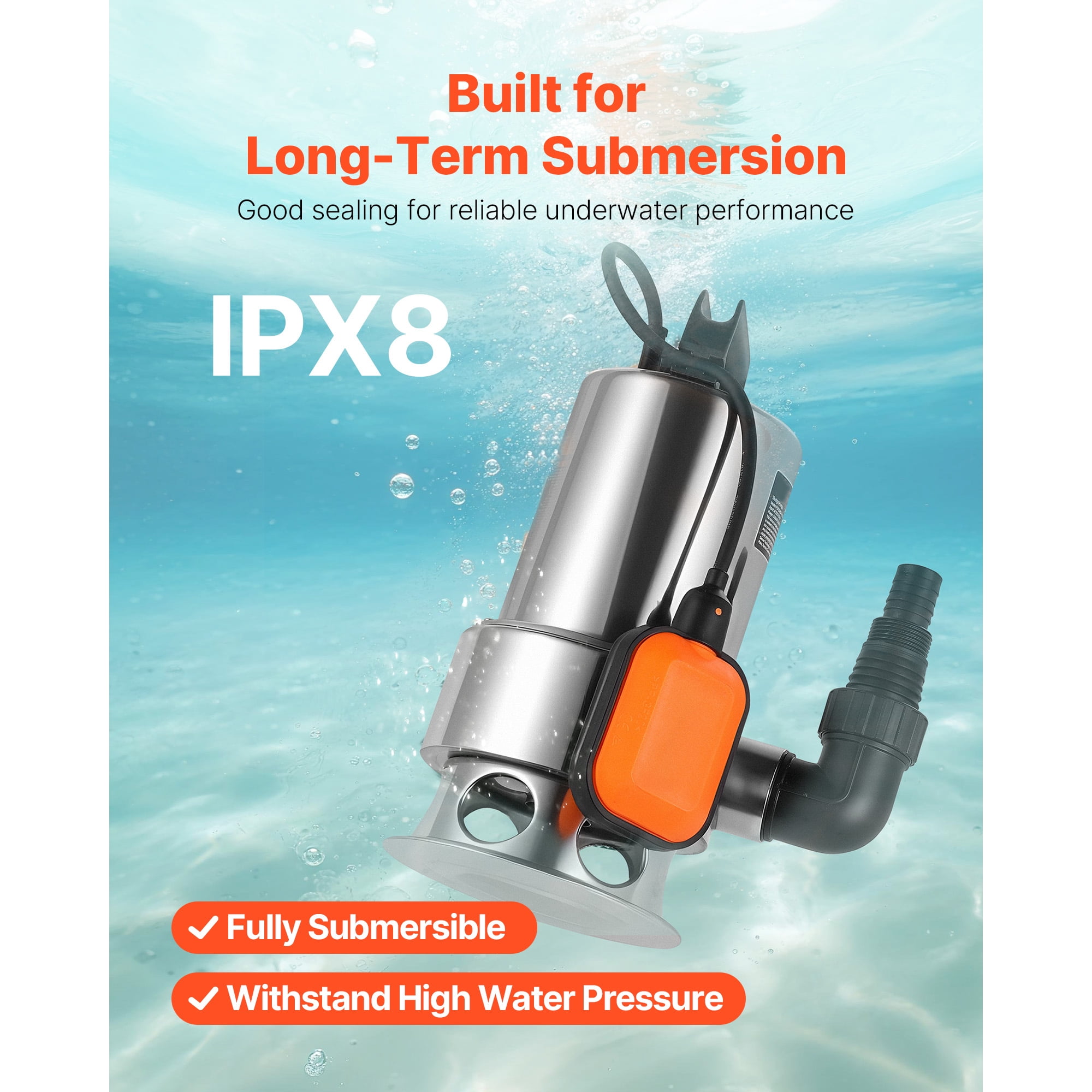 KFFKFF 1 HP Submersible Sump Pump, 5500 GPH, Stainless Steel Water Pump with Float Switch, Extended Cord, 30 ft Lift Capacity, Suitable for Pools, Gardens, Ponds, and Flooded Spaces