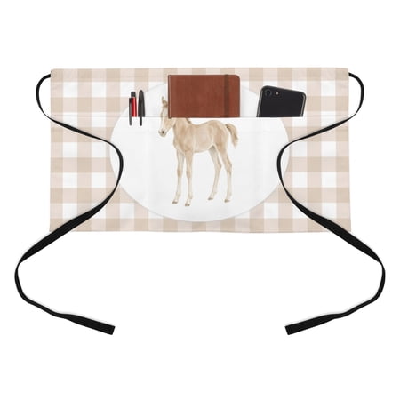 Graceful Pony Kitchen Restaurant Half Waist Apron, Retro Natural Horse Khaki Plaid Server Short Apron with 3 Pockets Waterproof Oil Waist Aprons for Women Waitress Waiter