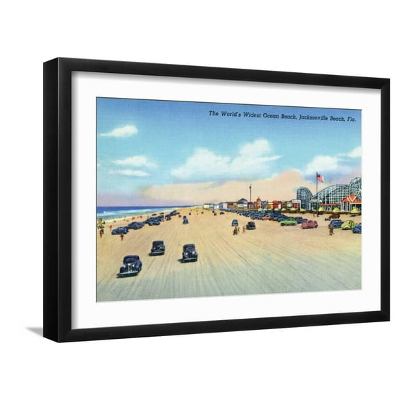 Art.com Jacksonville, Florida - View of World's Widest Ocean Beach Art Print by Lantern Press, Black Frame Wall Art, 23" x 17"