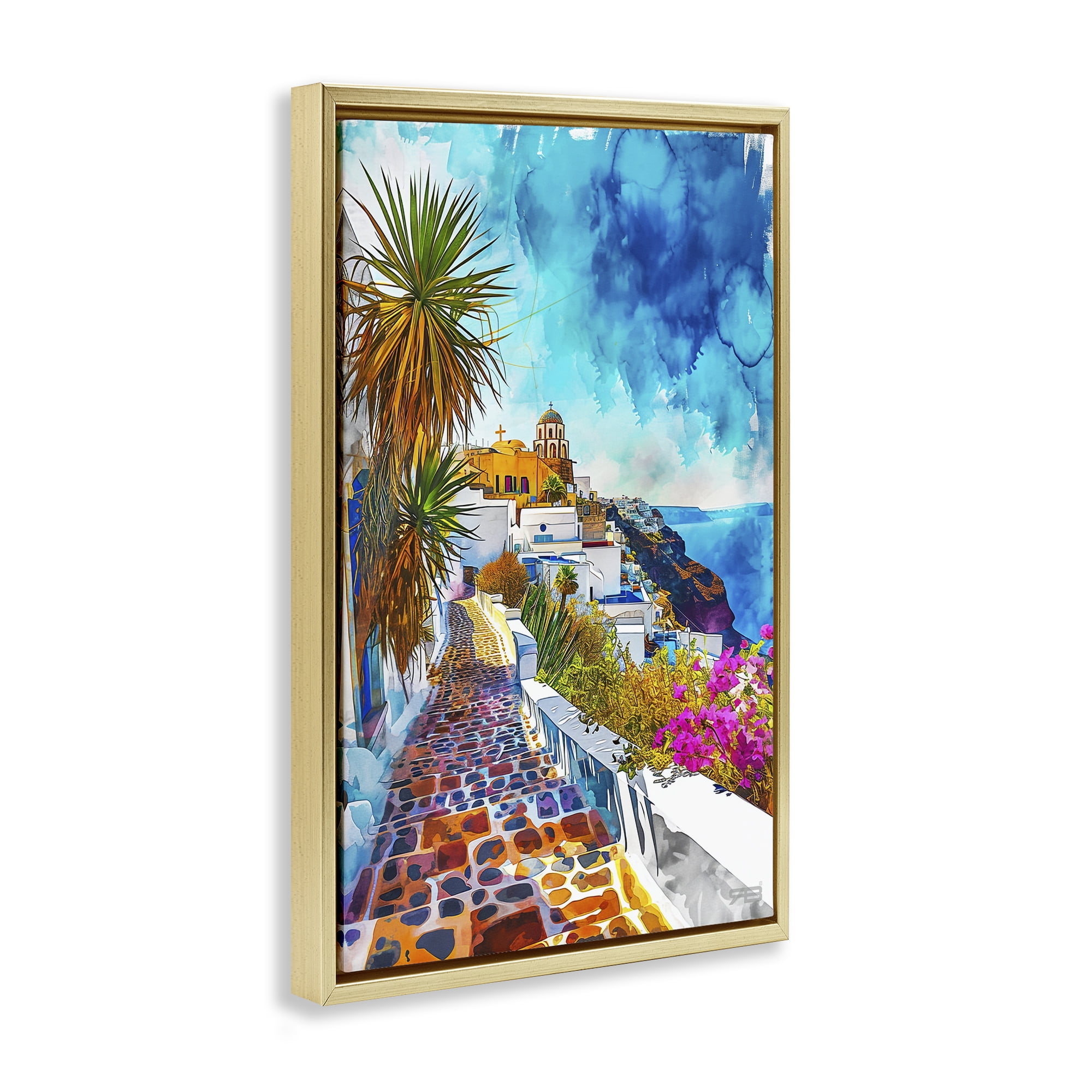 Stupell Industries Tropical Coastal Town Cities & Countries Painting Gold Floater Framed Canvas Art Print Wall Art, 21 x 31