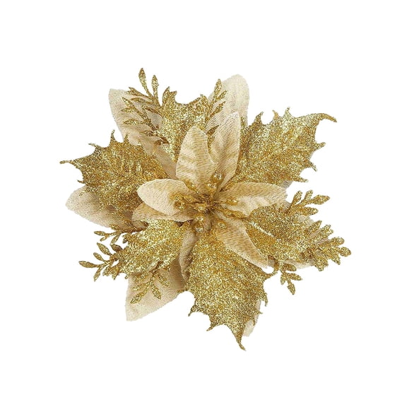 5.5" Gold Artificial Christmas Flowers, Sparkly Silk Poinsettia Ornaments with Clips for Christmas Tree Fillers, Holiday Mantle Display