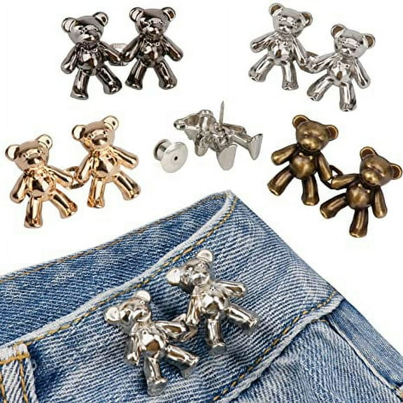 Namzi Cute Bear Button Pins for Jeans, No Sew and No Tools Instant Pant Waist Tightener, Adjustable Jean Buttons Pins for Loose Jeans 4 Sets Jeans Button Replacement Pant Clips for Waist Buckle