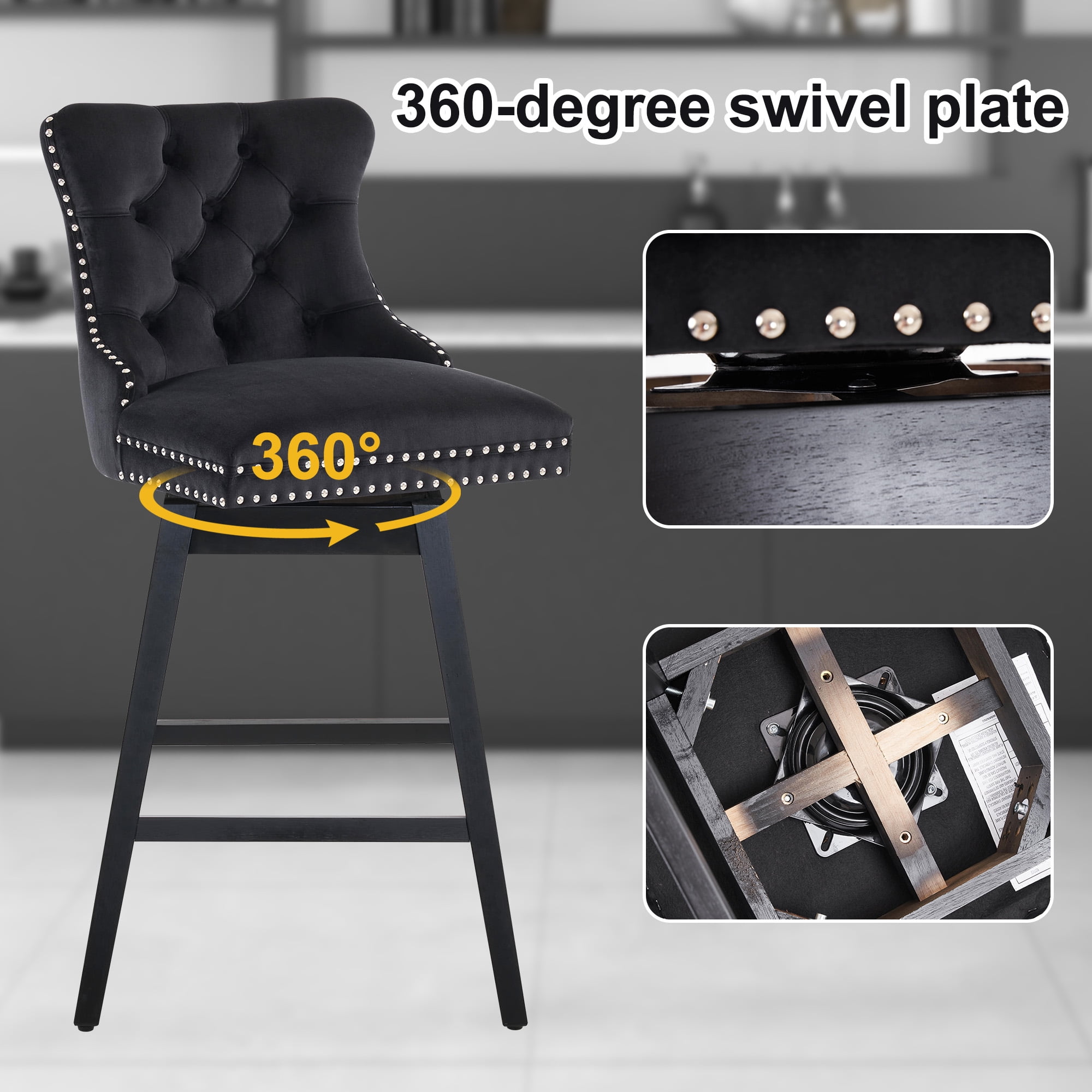 TEWLOSS 30" Swivel Bar Stools Set of 2, Black Velvet Bar Height Chairs with Back for Home Pub