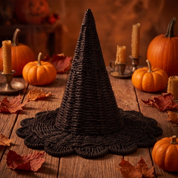 Halloween Woven Witch Hat Ornament, Handwoven Natural Witch Hat Decorations for Tabletop Decor
