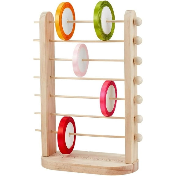 7-Tier Wooden Ribbon Organizer Rack Spool Holder Storage Ribbons Storage Stands Thread Organizer Holder Crochet Roll Display Shelf for Mesh Wreath Tulle Sewing Craft Gift Wrapping