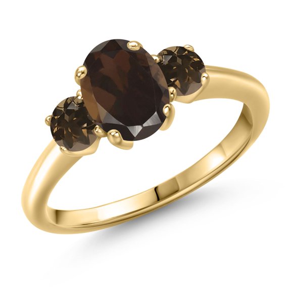 Gem Stone King 1.72 Ct Oval Brown Smoky Quartz 18K Yellow Gold Plated Silver Ring
