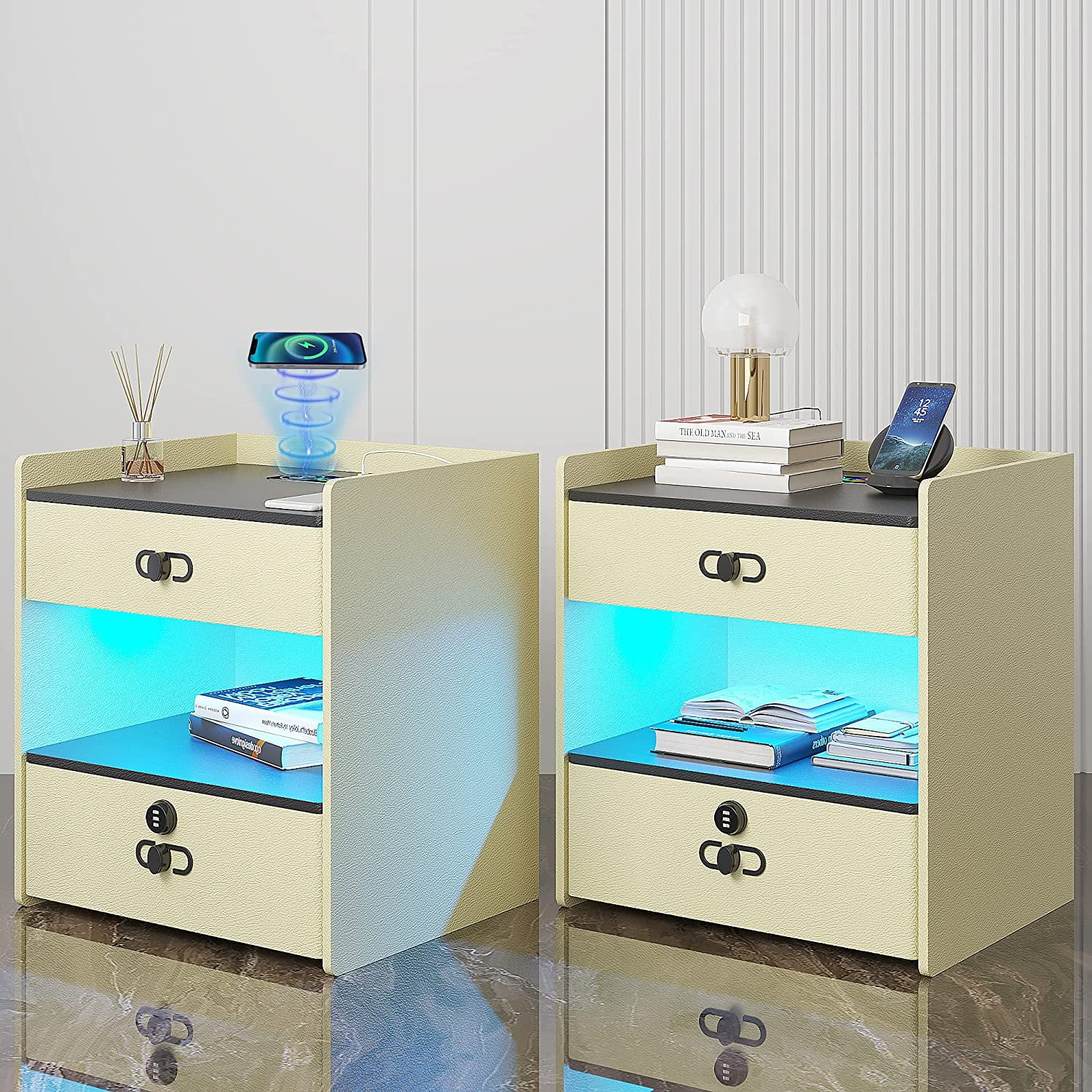 HNEBC LED Nightstands Set of 2 Modern Nightstands with Combination Lock