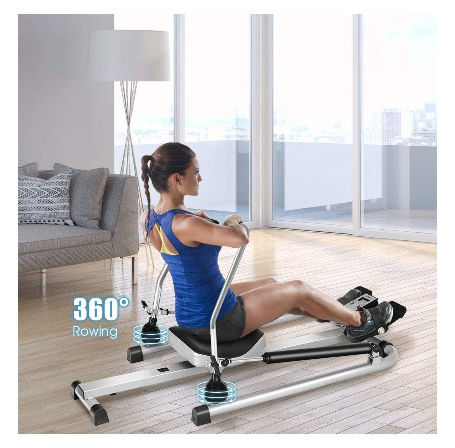 Rowing Machine for Home, 265LBS Weight Capacity Hydraulic Rowing Machine with Adjustable Cylinder Resistance up to 110lbs & LCD Monitor, Compact Full Rower for at Home Exercise Silver