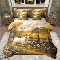 jejeloiu Retro Windmill 7-Piece Bedding Comforter Set,Cute Sheep Daisy FlowerKing Bedding Sets,Old Barn Door Bed Sheets For Kids,Microfiber Bedroom Decor Reversible