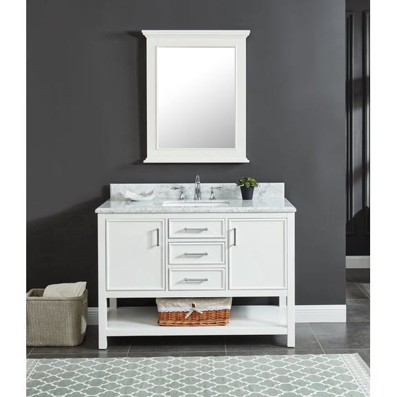 Manhattan 48" Single Bathroom Vanity, 49" W x 22" D x 34.5" H, Carrara Marble Top with Sink & Backsplash, Dove White, Solid Wood, Pre-Assembled, 3 Soft-Close Drawers, 2 Doors,1 Shelf