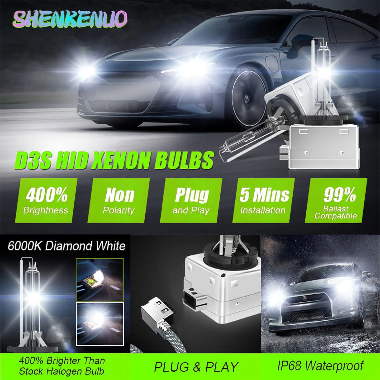 D3S HID Headlight Bulb Xenon OEM Replacement - 6000K Diamond White, 12V 35W 8000 Lumens,2PCS