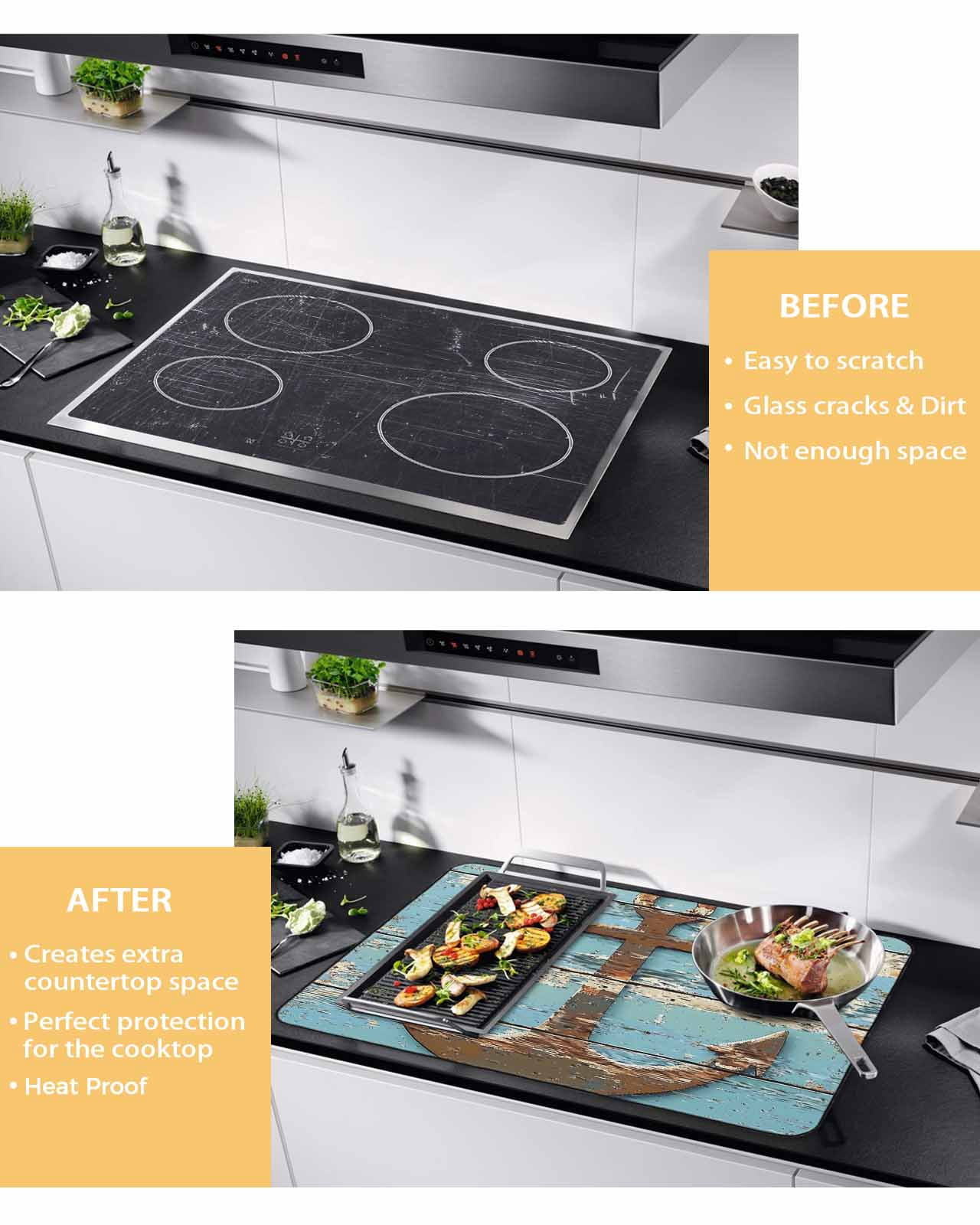 nqOlkjepod Large Induction Cooktop Protector Mat 24"x21", Vintage Brown Anchor Stove Top Covers for Electric Stove, Nautical Farmhouse Blue Wooden Stove Burner Cover Mats, Glass Top Stove Cover