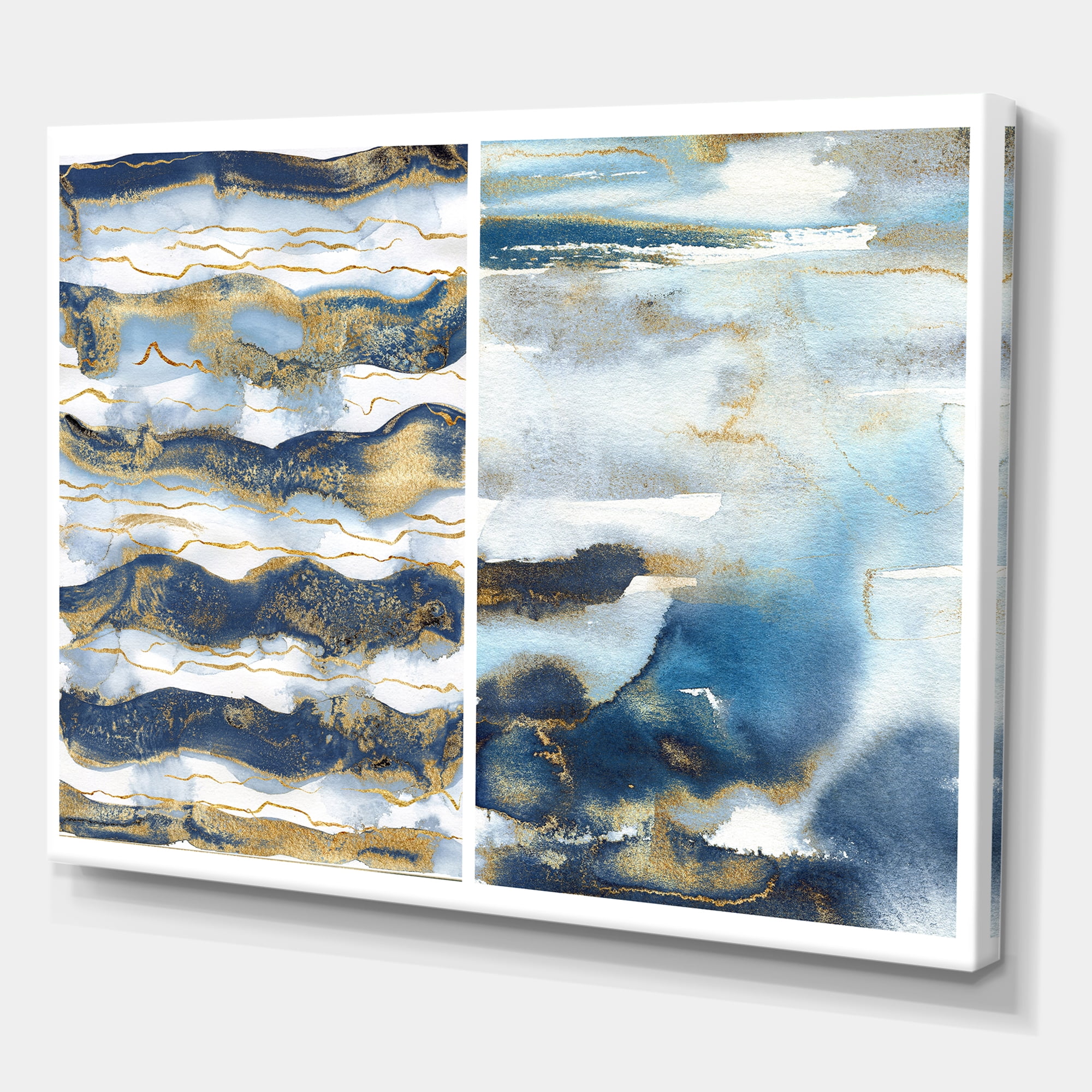 Designart ' Gold and Dark Blue Abstract Waves II ' Modern Canvas Wall Art Print