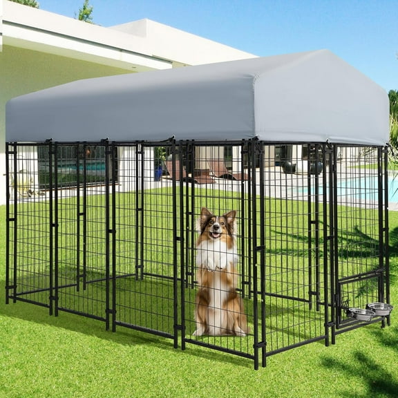 Haverchair 8x4x6 FT Outdoor Dog Kennel with Roof, Heavy Duty Dog Cage for Large Dogs, Outside Dog Enclosure with 2 Rotating Dog Bowls, Welded Wire Steel Dog Run Playpen Fence with Secure Lock