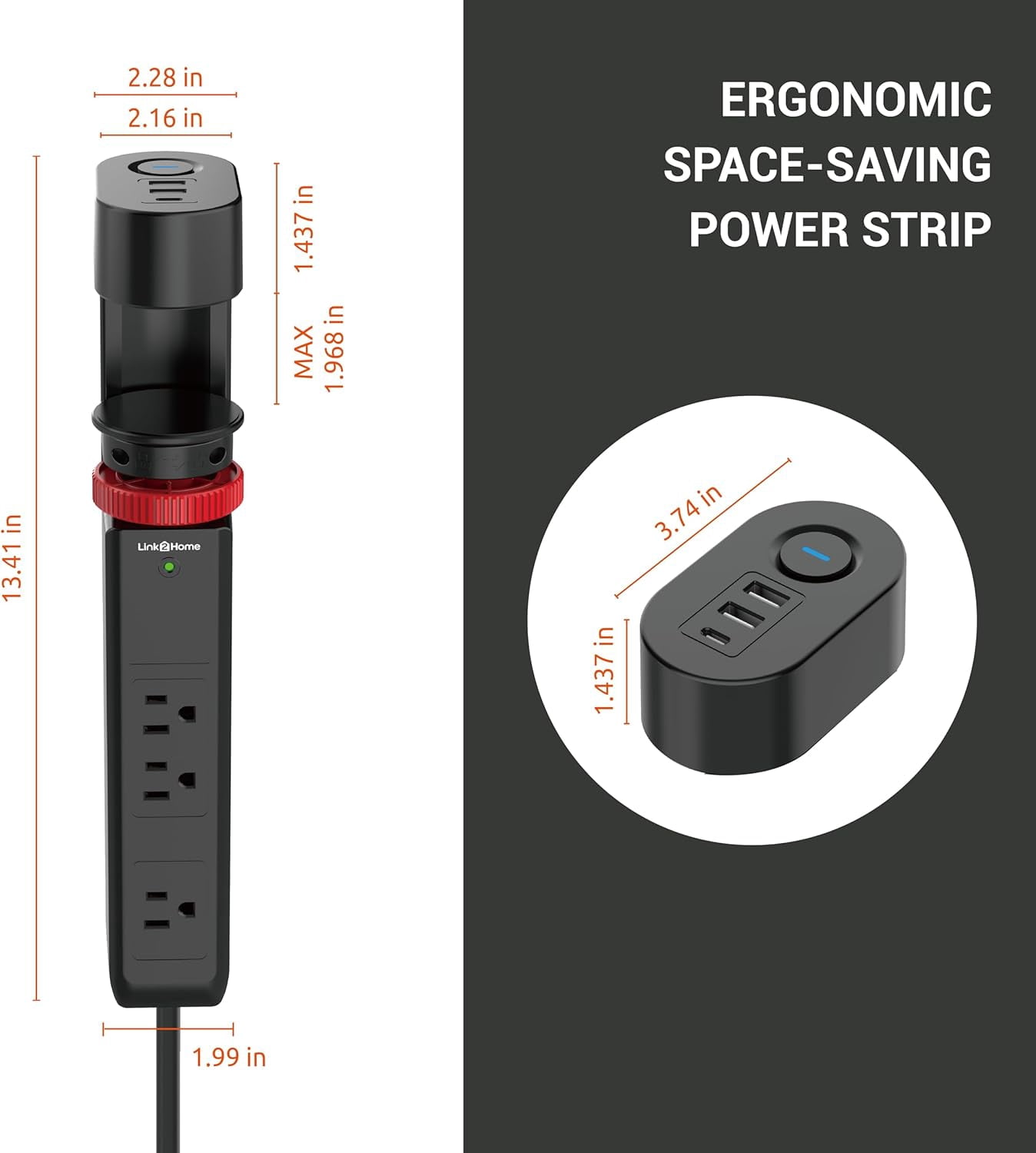 Link2Home Clamp Power Strip, 3 Outlets, 3 USB, 6 ft. Cord, Black