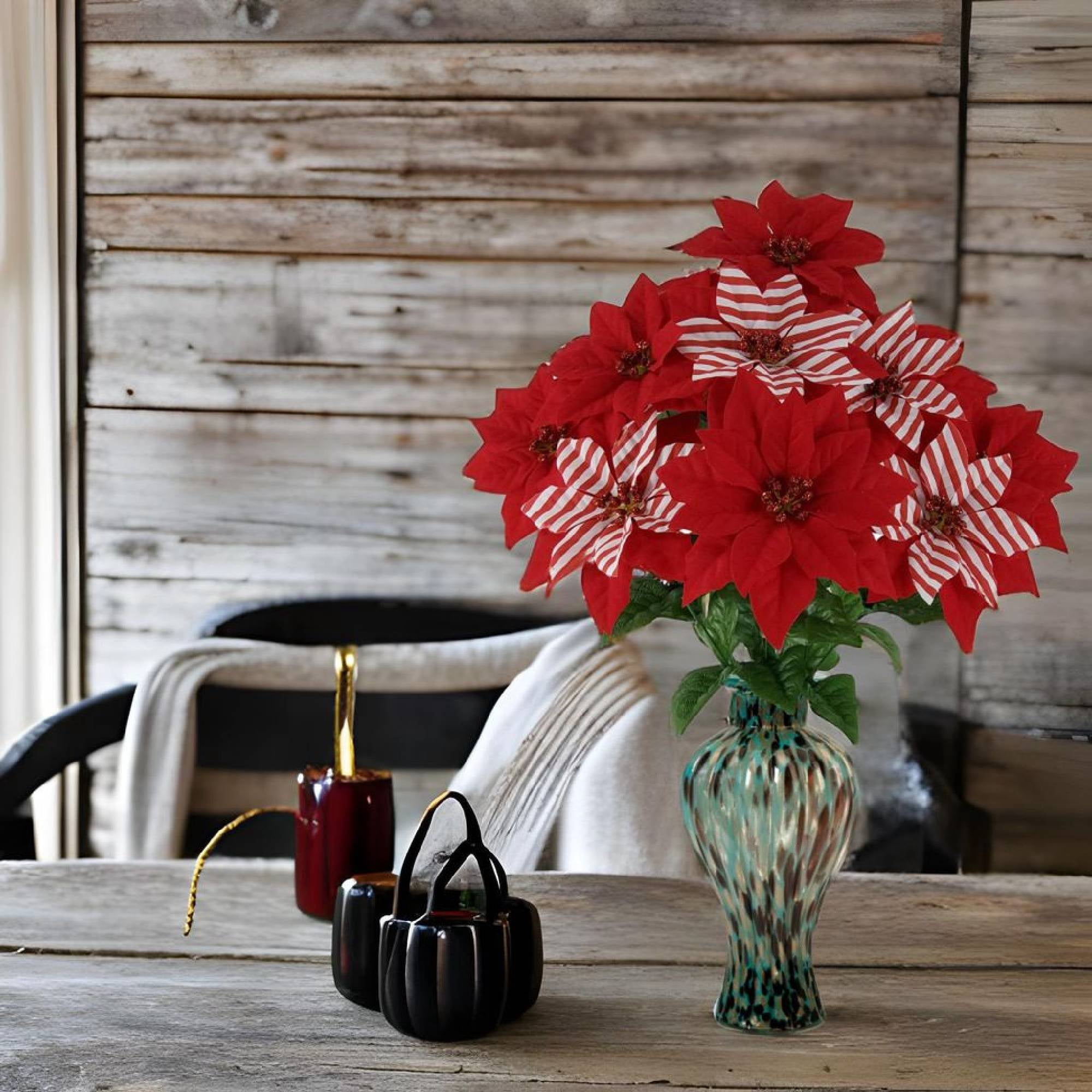 (2 pack) Mainstays 19 in Indoor Artificial Striped Poinsettia Bush, Red Color.