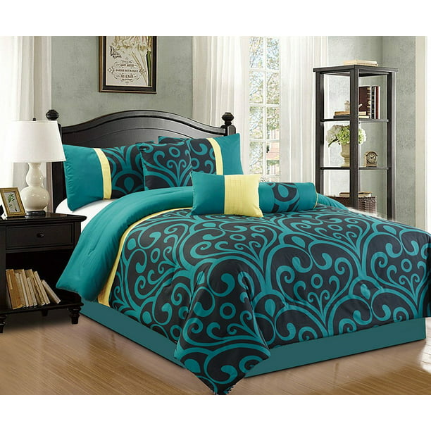Piece Modern Comforter Set Teal Blue, Teal And Black Queen Bedding