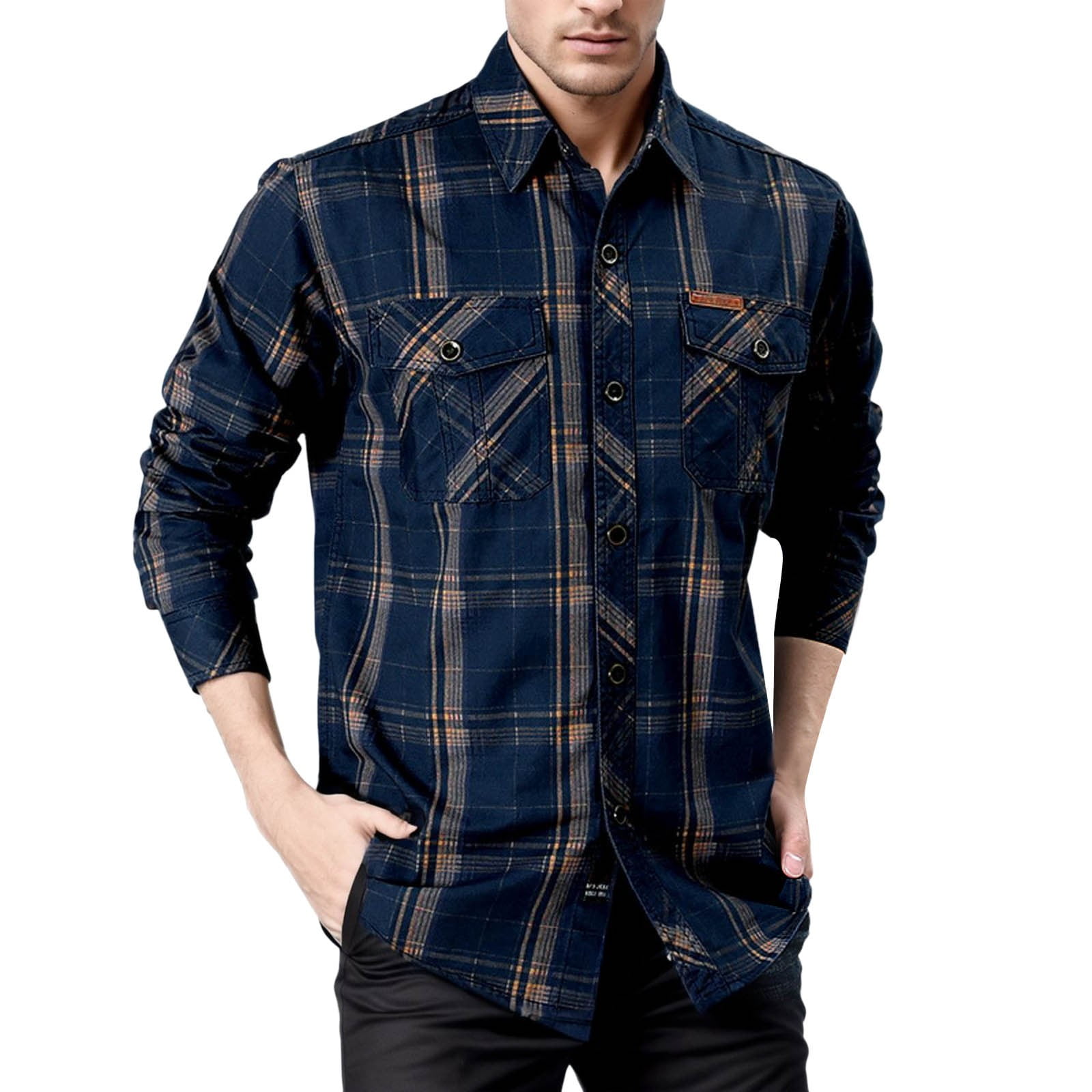 nsendm Mens Shirt Adult Male Shirt Loose Shirt Blouse Mens Autumn Plaid Long  Sleeved Shirt Young Men Business Casual Plus Size Cotton Cargo Colla(Dark  Blue,5XL) - Walmart.ca