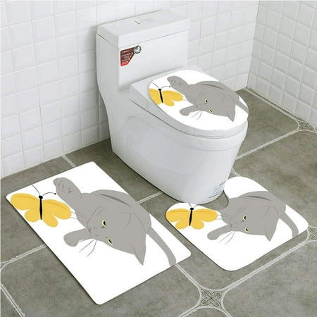 CHAPLLE Grey and Yellow Cat Pet Feline Best Friend Playing Spring Butterfly Black 3 Piece Bathroom Rugs Set Bath Rug Contour Mat and Toilet Lid