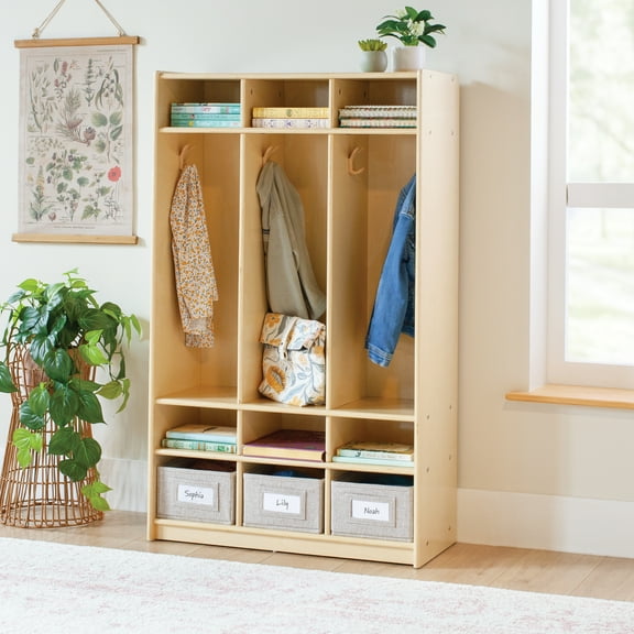 Guidecraft EdQ 3-Section Wooden Storage Locker for Classroom, Kids Cubby Organizer with Shelves and Hooks for Coats