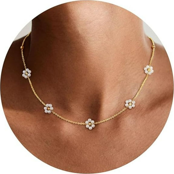 14K Gold Plated Daisy Pearl Necklace, Dainty Pearl Choker Necklace for Women, Flower Layering Necklace Wedding Jewelry Gift for Her