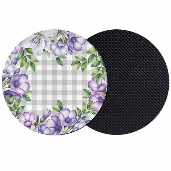 Purple Flowers Coasters Set of 2, Absorbent Coasters for Drinks, Spring Floral Leaves Plants Gray Plaid Coaster for Desk Coffee Table Protection, Home Decor House Warming Gifts 4"
