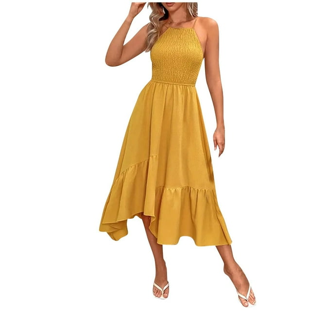 ameIAEA Women's Sleeveless Spaghetti Strap Backless Beach Sundress Asymmetrical Ruffle A-Line Midi Dress