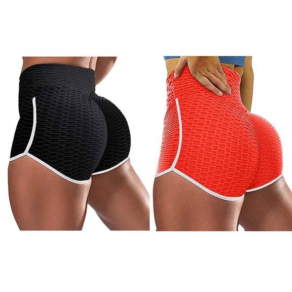 QLEICOM Womens Athletic Shorts, Fashion Short Solid Tight High Waist Elasticity Sports Bubble Yoga Pants 2PC Yoga Shorts, Running Shorts, Comfy Beach Shorts, Cycling Shorts Black,Orange L