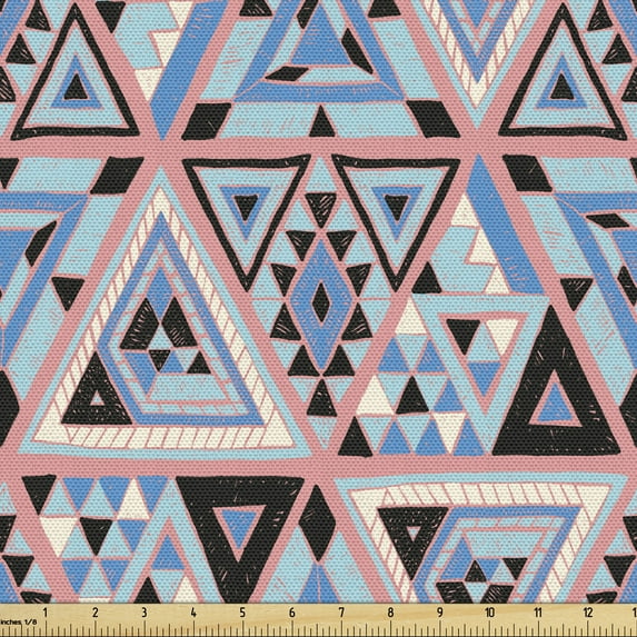 Ikat Fabric by the Yard, Geometrical Cultural Composition with Triangles Hipster Folkloric, Upholstery Fabric for Dining Chairs Home Decor Accents, 5 Yards, Coral Blue and Black by Ambesonne