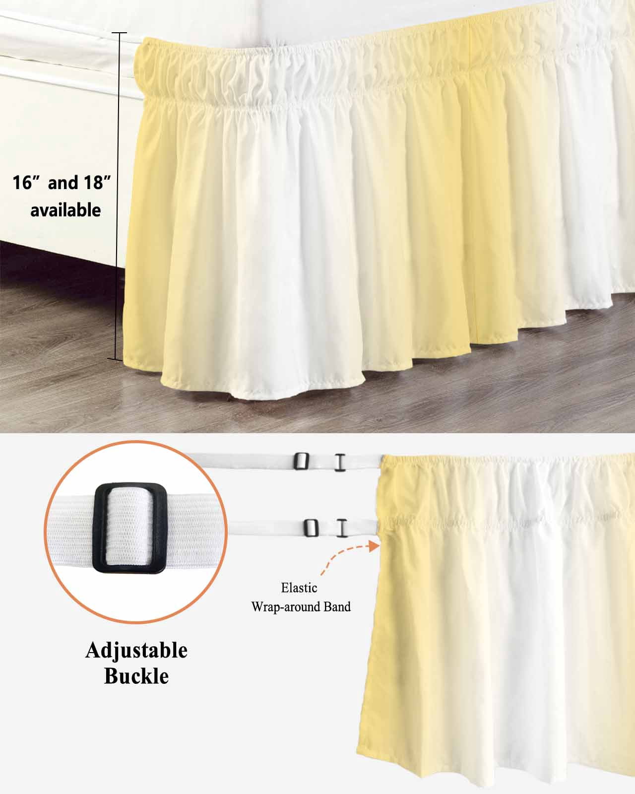 Ombre Ruffle Bed Skirt Queen Size Lemon Yellow and White Gradient Adjustable Elastic Dust Bed Skirts Wrap Around Bedskirt Wrinkle Free Easy Fit with 16 Inch Drop