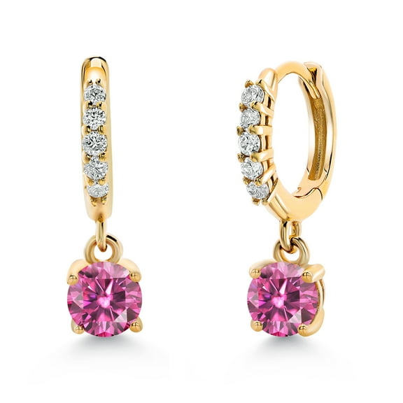Gem Stone King 10K Yellow Gold Pink Moissanite and White Lab Grown Diamond Dangle Drop Huggie Hoop Earrings for Women (0.56 Cttw, Gemstone, Round 4MM)
