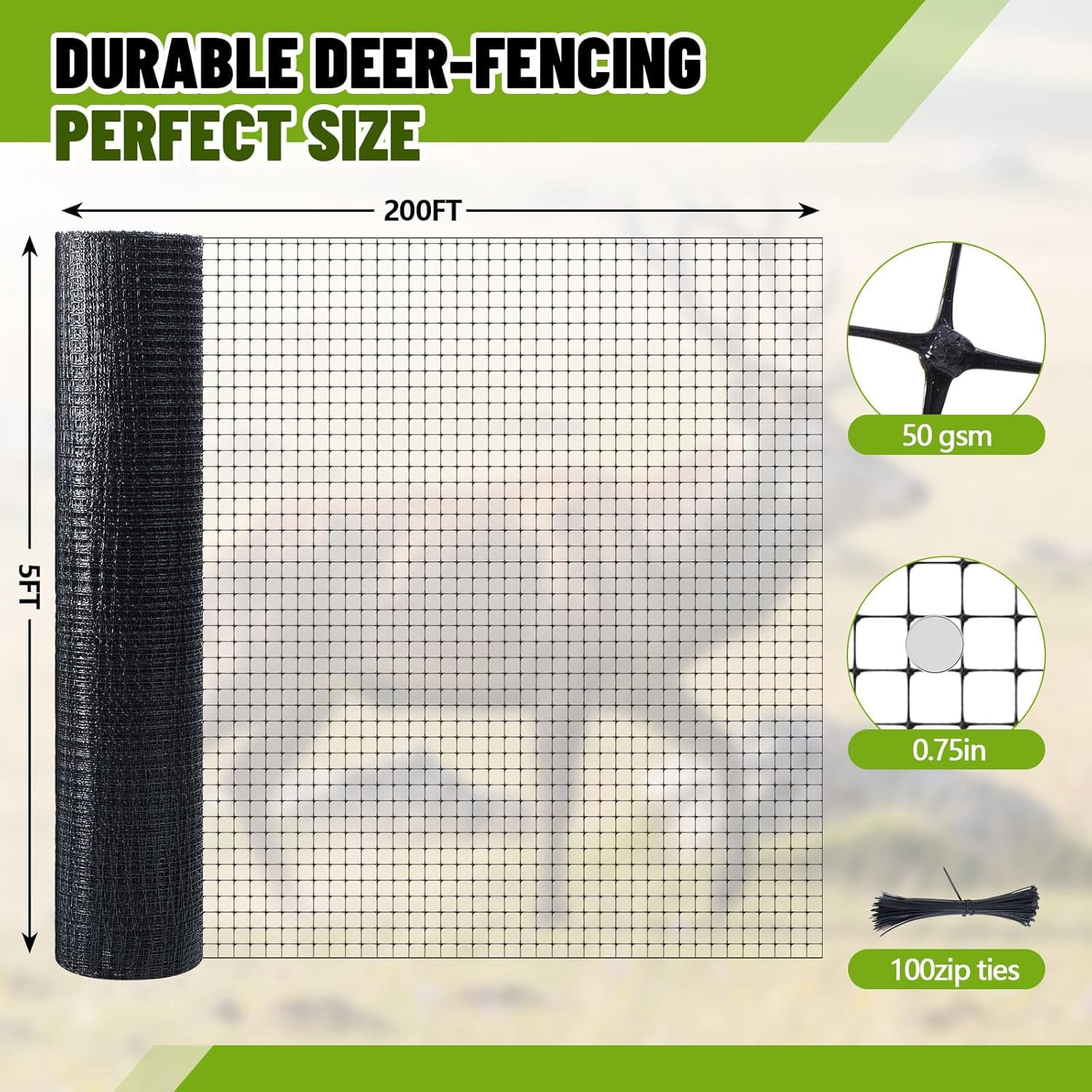 5x200ft (50gsm) Deer and Animal Fence Barrier Netting with 100 Zip Ties, Plastic Heavy Duty Mesh Fence Barrier, Ideal for Garden Netting, Against Bird, Fruit Plant Protection, Black