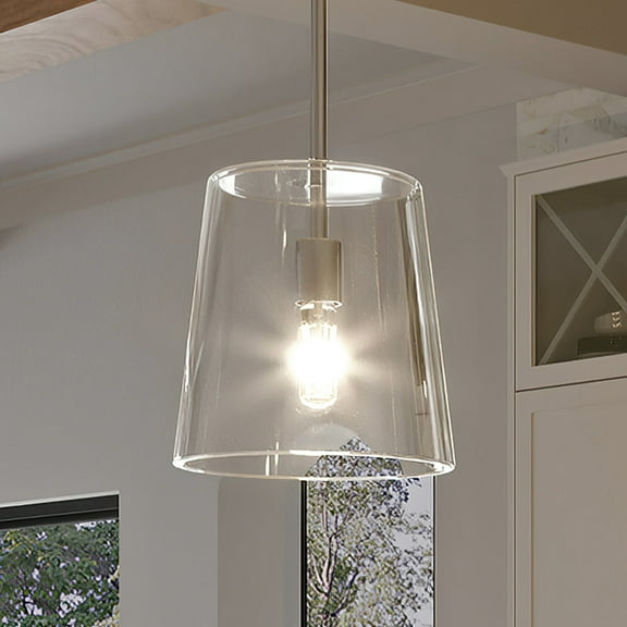 Luxury Colonial Indoor Pendant, 11.375''H x 9''W, with Modern Farmhouse Style Elements, Contemporary Design, Polished Nickel Finish and Clear, UHP3090