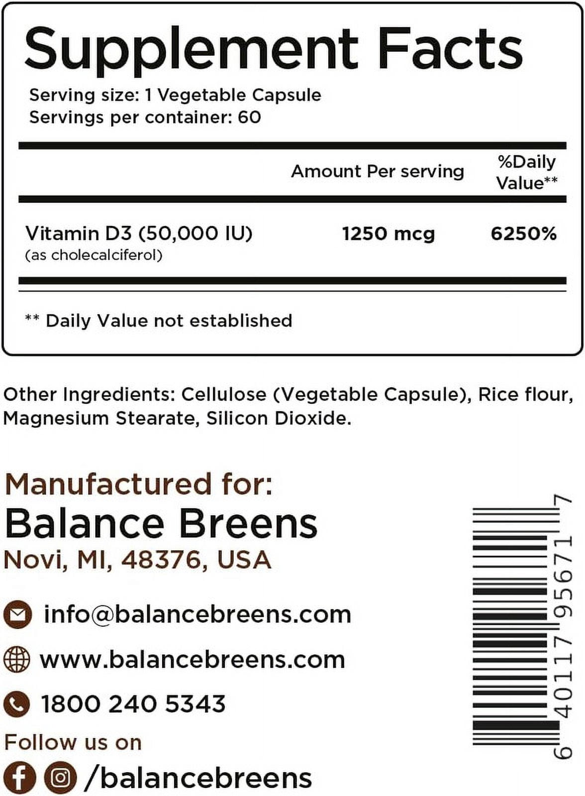 Vitamin D3 50,000 IU - 60 Veggie Capsules - High Potency Gluten, Free Non-GMO Supplement by Balance Breens