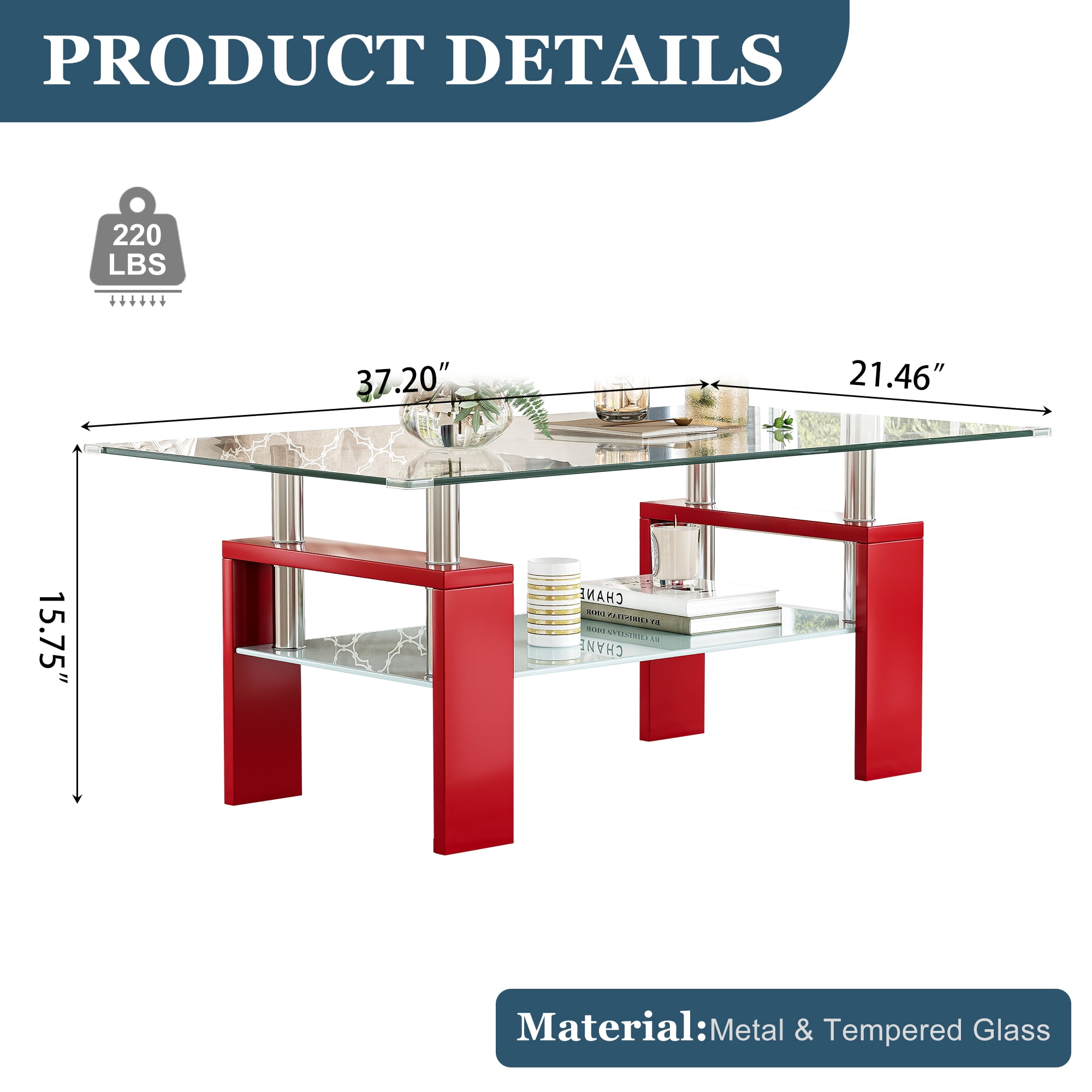 Rectangle Glass Coffee Table, 37.2"  2-Tier Modern Tea Table with Storage Shelf for Living Room