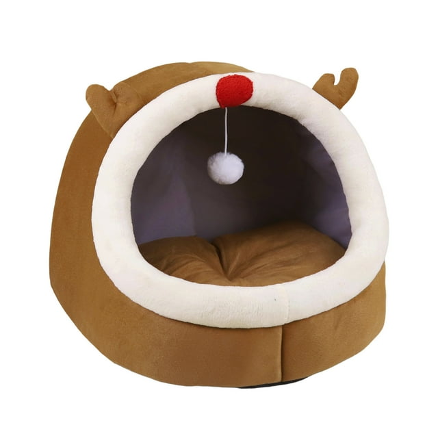 HHBEAUTY Lit pour Chat Couvert, Lits Orthopédiques en Mousse Mémoire pour Chats d'Intérieur, Conception de Grotte Fermée avec Coussin Intérieur Lavable et Balle Suspendue, pour Grands Chats et Petits Chiens (Renne de Noël)