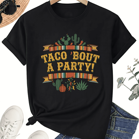 Unisex Mexican Taco T-Shirt, Cactus Fiesta Banner Art, 100% Cotton Short Sleeve Tee