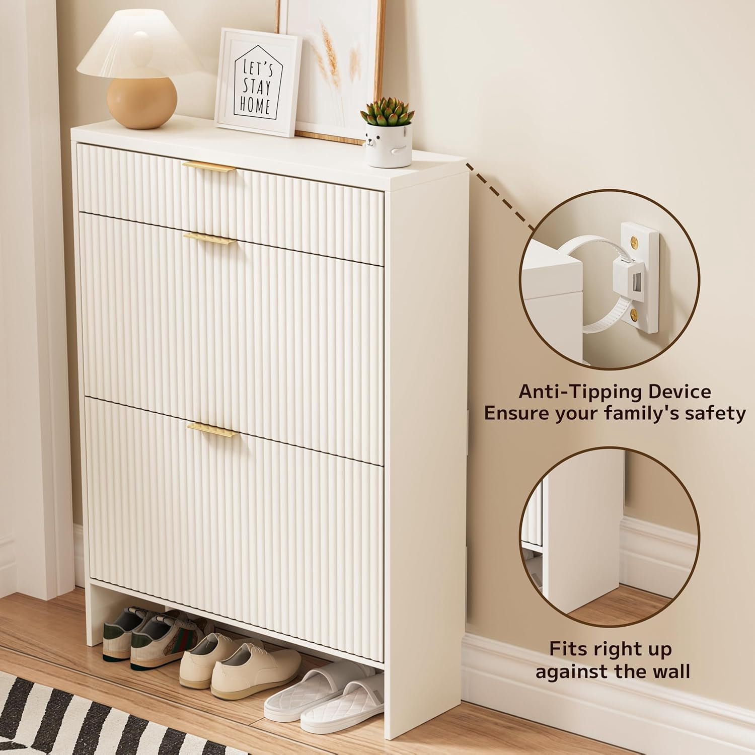 Howcool Fluted Entryway Shoe Cabinet with 2 Flip Drawers, Wood Narrow Freestanding Shoe Storage, White