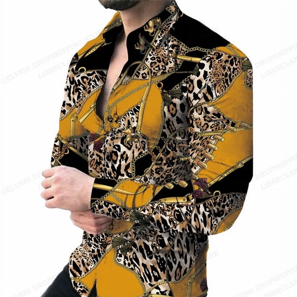 Camisas de leopardo de lujo para hombre, camisas de moda, camisas hawaianas de manga larga, blusas de playa con cadena dorada, ropa para hombre, Camisa Voion para hombre