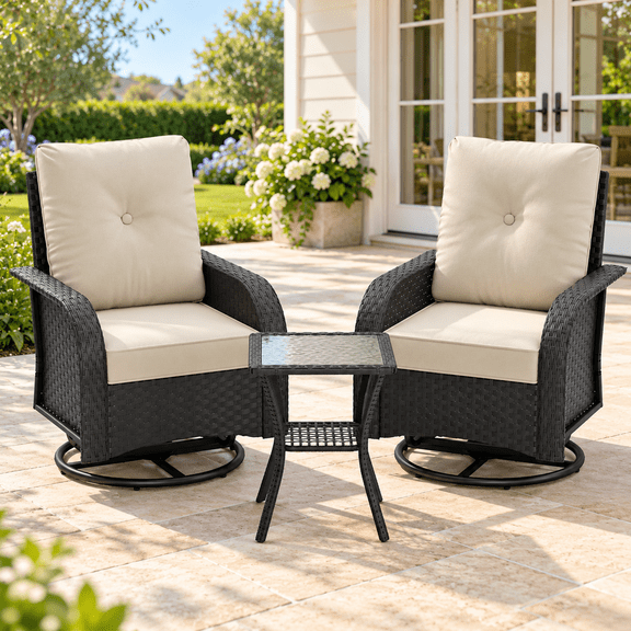 POTEBAN Bistro Set, 3-Piece Outdoor Patio Furniture Set with 2 High-Back Black Wicker Swivel Rocking Chairs, Glass Side Table and Beige Cushions