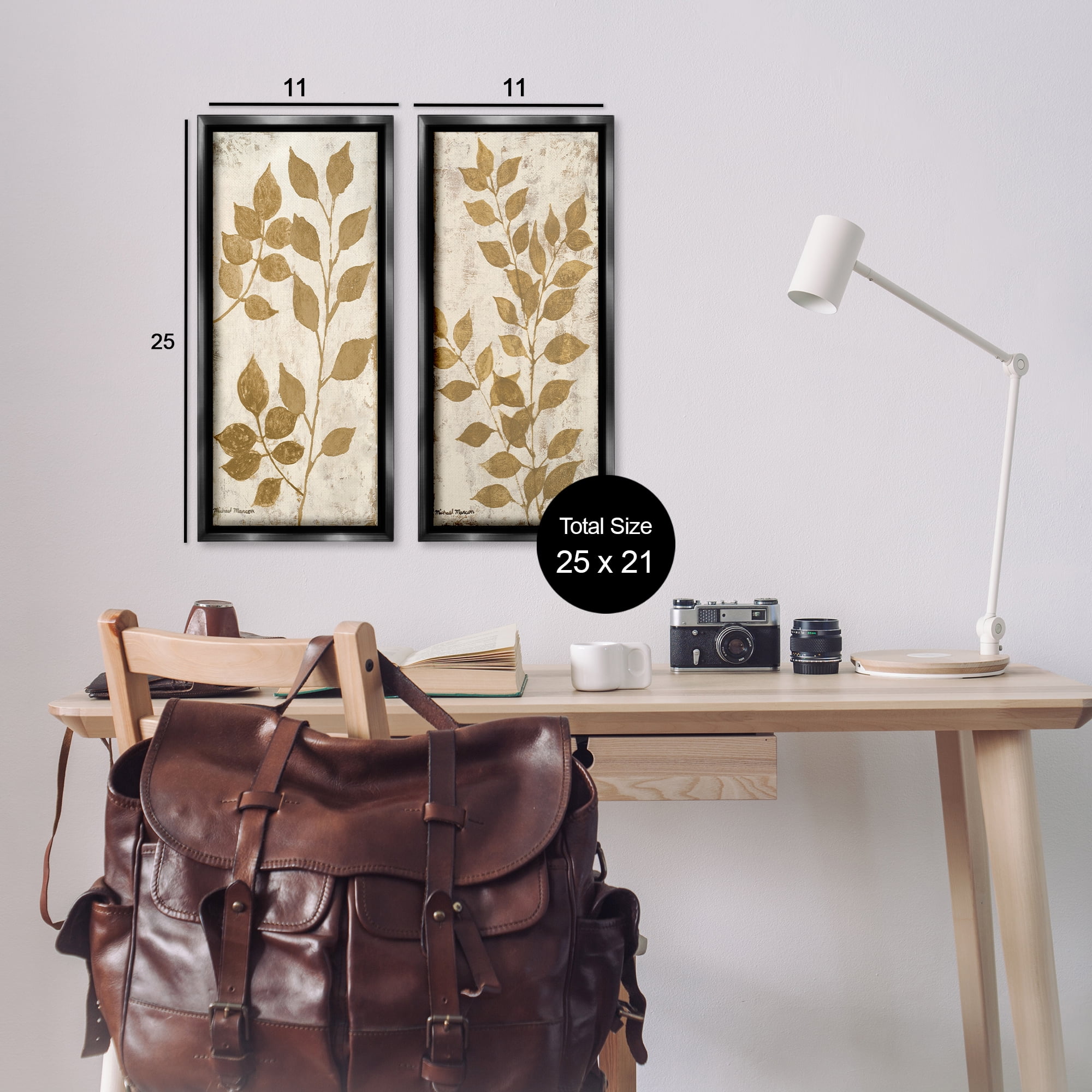 Stupell Industries Distressed Natural Leaves Floral & Botanical Painting Black Floater Framed Canvas Art Print Wall Art, 11 x 25, Set of 2
