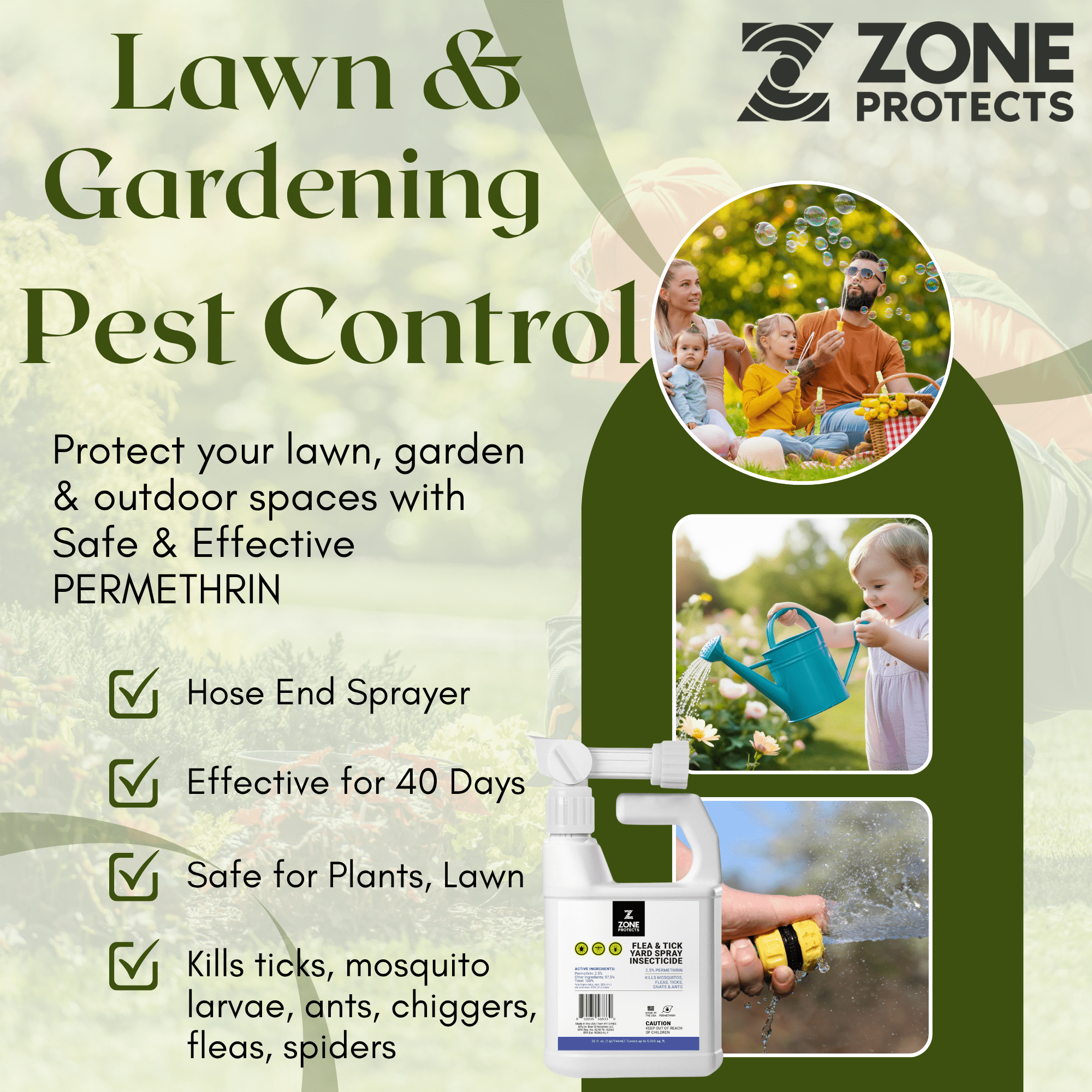 Zone Protects Flea and Tick Yard Spray Insecticide w/ Permethrin; Hose End Sprayer Covers 10,000 sq.ft.